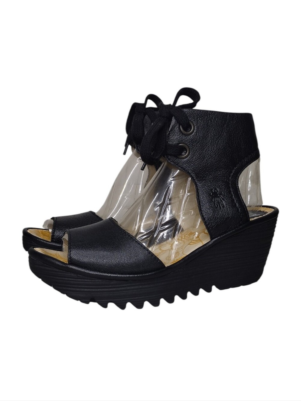 Fly London Yaffa Black Leather Peep-Toe Wedge Sandals Sz 8-8.5